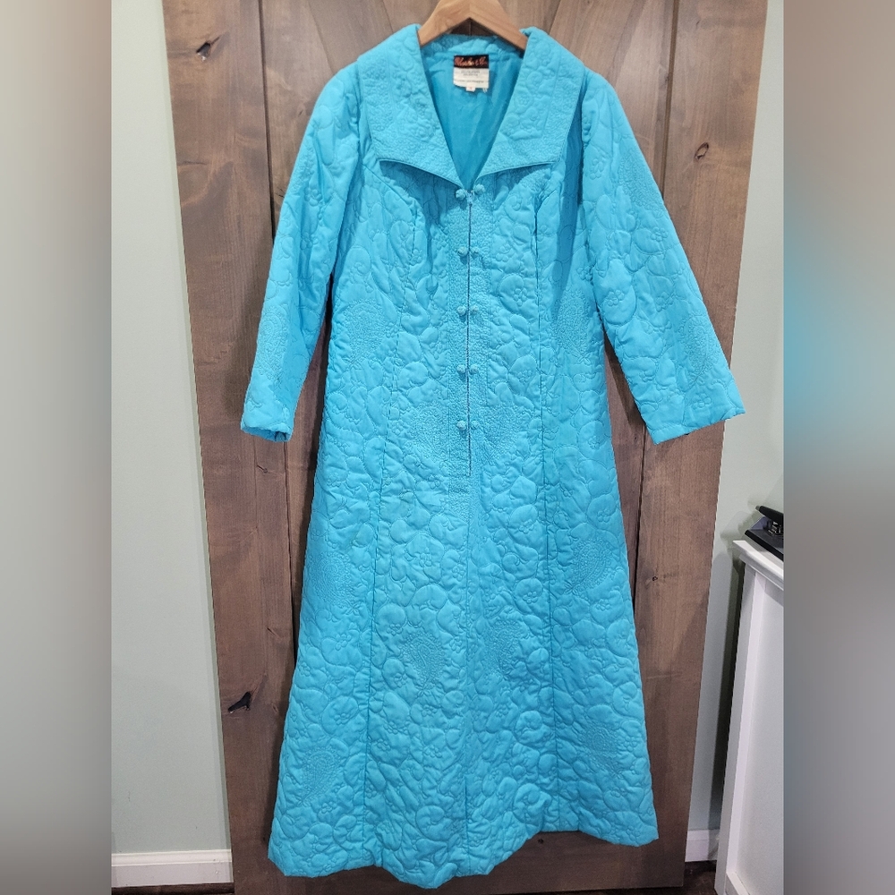 Vtg 60s-70s Blue Quilted Charles & Co Quilted House Coat Robe Retro